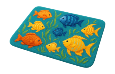 An underwater-themed bedside mat with fish and seaweed, brightening a child's bathroom.
