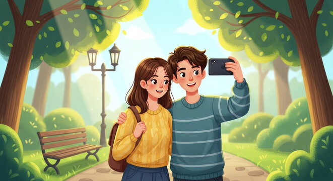 A young couple taking a selfie in a park on a sunny day, surrounded by trees and greenery, capturing a happy moment together in a beautiful setting - Powered by Adobe