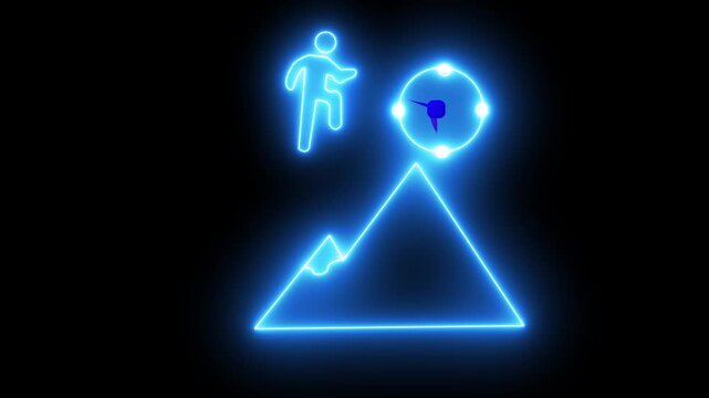 Glowing neon line of man conquering mountain peak icon isolated on transparent background