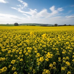 Vibrant Yellow Rapeseed Field Under a Sunny Blue Sky.