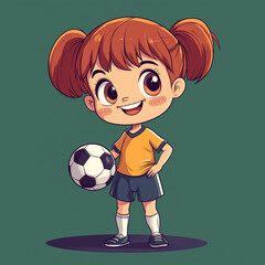 Cute cartoon girl with soccer ball in sports uniform