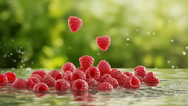 Realistic Fresh Raspberries Falling into Water on a Green Blurred Background