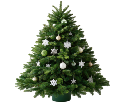 Festive Christmas tree with snowflake ornament decoration for joyful winter holiday celebration. This beautiful green tree represents happy seasonal spirit