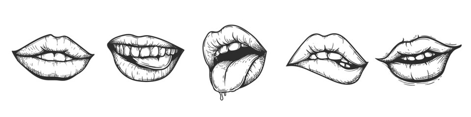 Hand drawn sketch style lips set. Sexy romantic woman kiss. Female mouth, teeth, tongue collection. Best for tattoo and retro designs. Vector illustrations.
