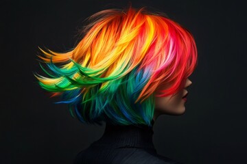 Naklejka premium Woman's head featuring a modern layered bob haircut with striking vibrant rainbow colors, symbolizing self expression and creativity