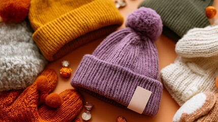 Cozy knitted hats and gloves arranged on a warm background for winter fashion