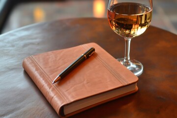 Notebook with a pen and a glass of white wine resting on a dark table, creating a contemplative atmosphere