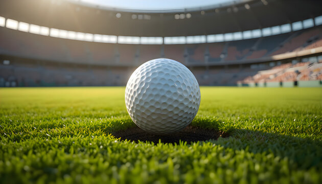 White golf ball balanced on the edge of a hole on a putting green under sunlight, symbolizing precision, focus, and calm atmosphere of professional golf