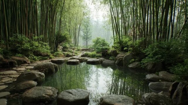 A tranquil bamboo grove with a shallow pool and stepping-stone path across the water.