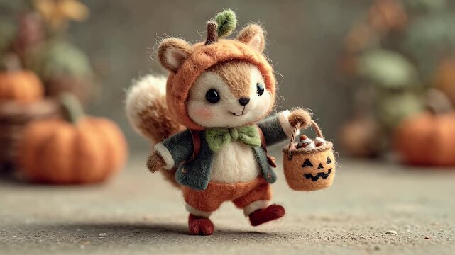 Animated squirrel character in costume with halloween basket