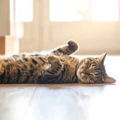 Sleepy cat on wooden floor