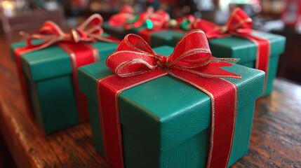 Festive green presents with red ribbons and bows, arranged on a wooden surface, perfect for a holiday celebration.