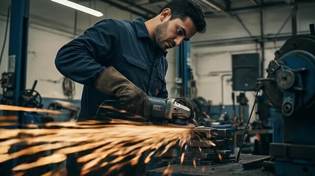 Realistic Industrial Worker Grinding Metal Sparks Flying In Workshop