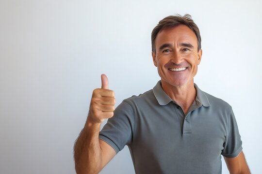 Mature man presenting a positive thumbs up gesture, smiling broadly against a clean white background, showing approval and success