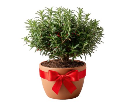 Festive decorated rosemary tree in pot with red ribbon bow, cheerful holiday herb plant. natural Christmas decoration gift, isolated on transparent background