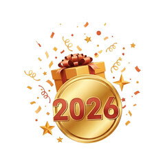 Golden 2026 celebration gift box confetti new year design isolated on transparent background