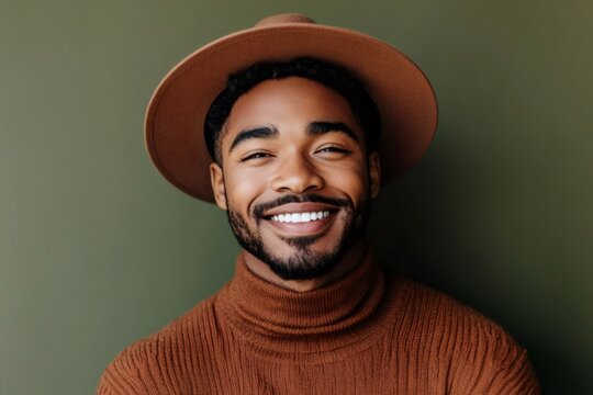 Happy, confident young man with a beard and hat smiling against a green background, portraying positivity and style