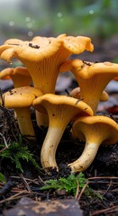 Golden Chanterelle Mushrooms in Forest - A Close-Up View.