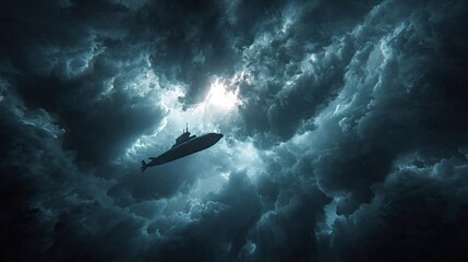 Submarine navigating through deep murky ocean water, illuminated by a dramatic beam of light from above, creating a mysterious and adventurous underwater scene