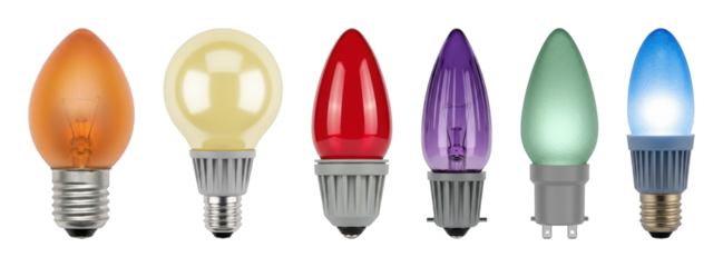 Colored light bulb set including incandescent and LED, various shapes, and bases isolated. Decorative and energy-efficient lighting.