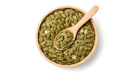 Pumpkin Seeds in Bowl with Spoon - Healthy Snack and Ingredient.