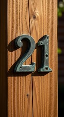 House Number Twenty-One on Wooden Post in Sunlight.