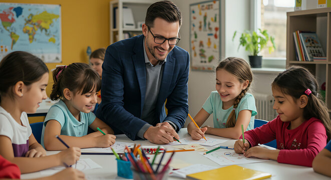 teacher guiding young students in interactive classroom with drawing activity and educational materials