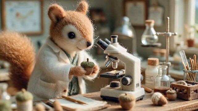 Curious squirrel examines acorn under laboratory microscope in daytime setting