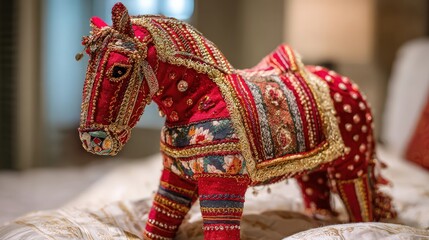 Obraz premium Ornate red fabric horse sculpture with intricate beadwork and embroidery.