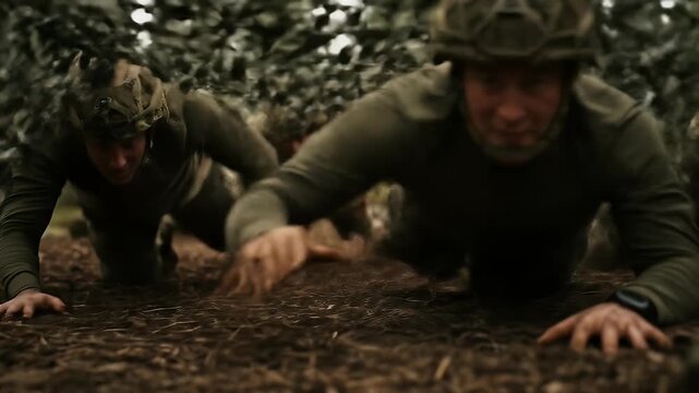 Realistic Military Training Illustration Soldiers Crawl Through Obstacle Course