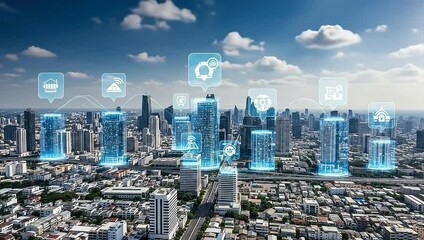 A cityscape displays buildings connected with glowing icons representing technology applications in urban areas - Powered by Adobe