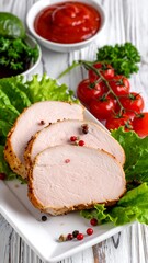 Sliced roasted meat on a plate with fresh vegetables