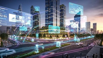 Futuristic cityscape with high-rise buildings, augmented reality, and digital data overlaid on the urban environment - Powered by Adobe