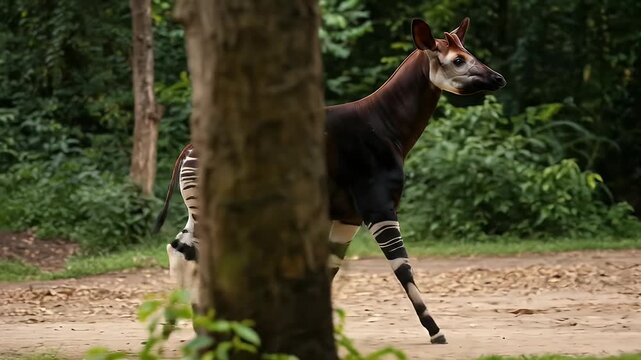 Realistic Okapi Walks In Lush Green Forest With Trees and Sunlight