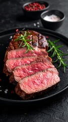 Sliced steak on a dark plate
