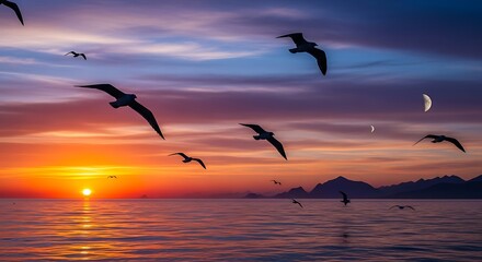 Seagulls Silhouetted Against a Vibrant Sunset Over the Ocean.