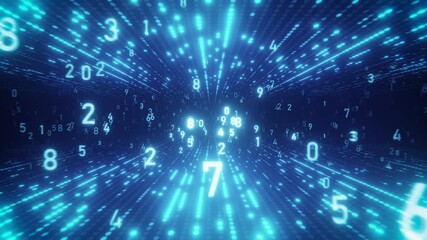 Digital data stream with numbers floating in a futuristic blue tunnel. Seamless loop. - Powered by Adobe