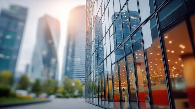 Modern Architectural Marvels: A stunning shot of sleek, modern skyscrapers dominating the city's skyline, with a reflection of other skyscrapers in the glass facade.