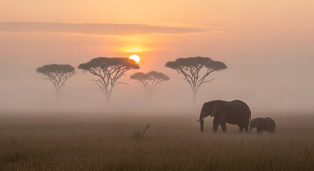 Obraz premium Elephants at Sunrise - A Serene African Landscape.