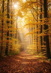 Autumnal Forest Path - A Sunlit Journey Through Golden Leaves.