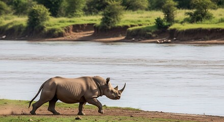 Rhino by the River - A Majestic African Wildlife Encounter.