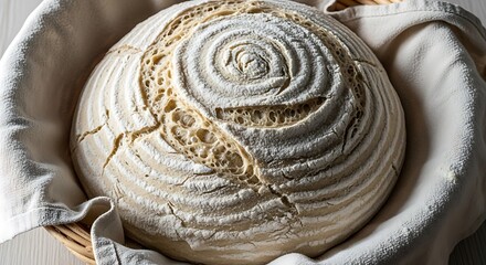 Artisan Sourdough Bread Loaf with Spiral Design in Proofing Basket.