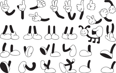 Black and Colorful Retro Cartoon Limbs – Vector Set of Gloved Hands and Booted Feet in Dynamic Mascot Poses.