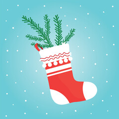 New Year's Christmas stocking with fir branches inside on a blue background. Festive winter decoration. Flat vector illustration.