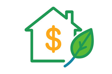 Green house outline with dollar sign and large leaf representing sustainable real estate investment and eco-friendly finance