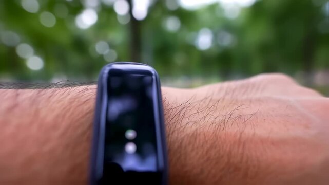 Close up of a smart fitness tracker on a mans wrist outdoors.