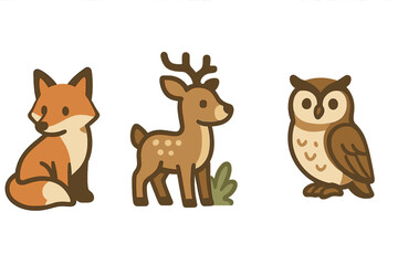 Cute woodland animals set featuring a fox, young deer, and owl in earthy tones