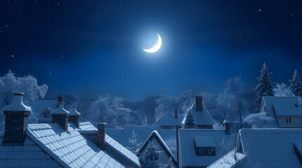 Silver moonlight shining over snowy rooftops at night