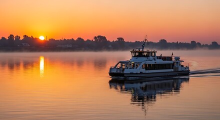 Ferry boat sailing on a calm river at sunrise with golden light and reflections.