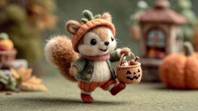 Animated squirrel character in festive autumn costume with pumpkin basket